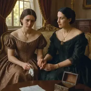 Dos mujeres con vestidos del siglo XIX están sentadas en un sofá ornamentado. Una parece angustiada, sosteniendo un pañuelo, mientras la otra la consuela tomándole la mano. Una caja abierta y una carta descansan sobre la mesa frente a ellas.