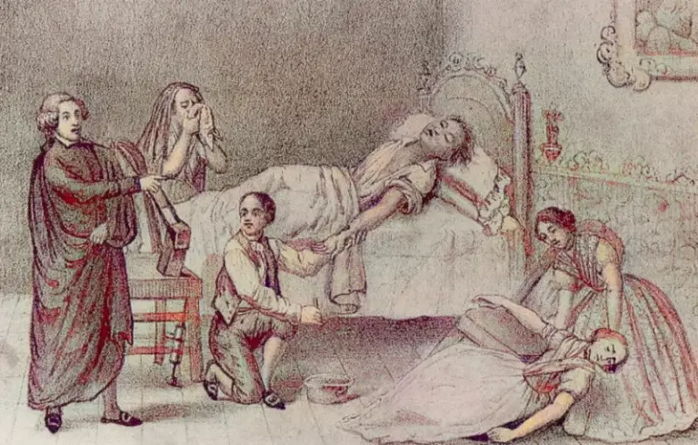 Una ilustración histórica muestra a una mujer enferma acostada en la cama, rodeada de personas angustiadas; uno le toma la mano, otro se desmaya en el suelo, mientras otros miran con preocupación en un dormitorio antiguo.