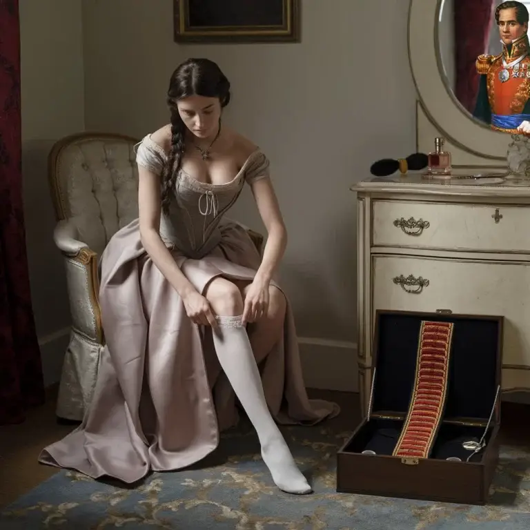 La amante de Santa Anna con un vestido vintage está sentada en una silla, ajustándose una media blanca. A su lado, una faja ornamentada reposa en una caja abierta en el suelo. Al fondo, una cómoda con espejo y el retrato de Santa Anna.