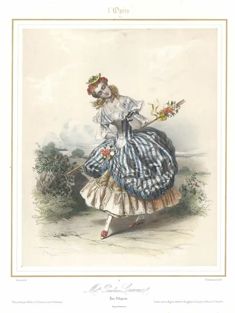 Adèle-Louise-Pauline Leroux (19 de agosto de 1809 - 5 de febrero de 1891) fue una bailarina francesa del Romanticismo del siglo XIX y miembro del Ballet de la Ópera de París. Solía participar en giras internacionales completas. Bailó regularmente en Londres entre 1824 y 1833, presentándose ante la joven princesa Victoria, quien pintó retratos de Leroux en acuarela. Fuente: Wikipedia