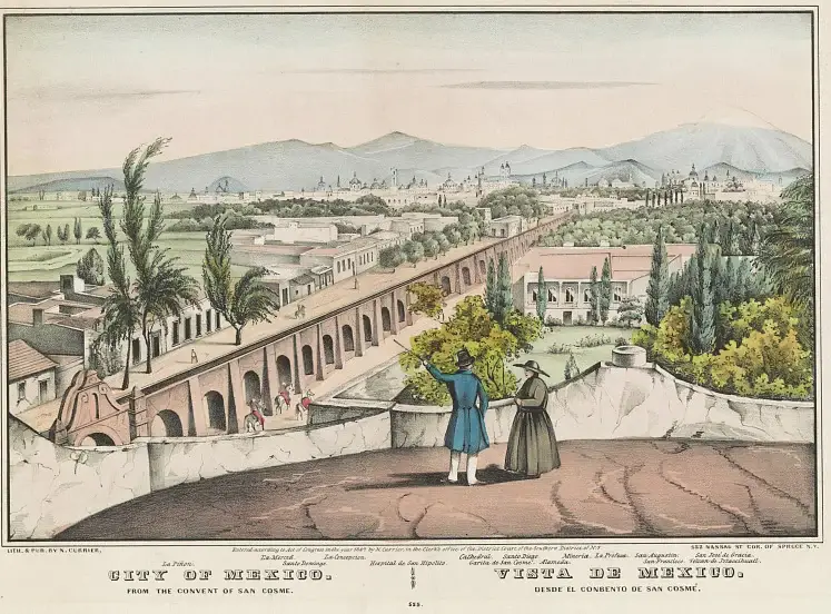Vista de México desde el convento de San Cosme y la casa de Calderón. Enfrente pasa el acueducto de Chapultepec. A la derecha se ve un palacio con jardín y un terreno plantado de olivos, donde estuvo la Legación Inglesa. Después lo ocupó Santa Anna.