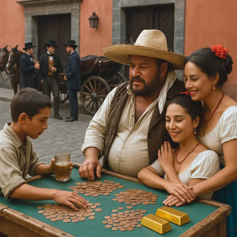 En una mesa, hay un banquero, un hombre enormemente gordo, con un pañuelo blanco y sucio amarrado a la cabeza, que cubre un sombrero roto echado a medio lado. Junto a él se sientan dos mujeres de aspecto libertino.