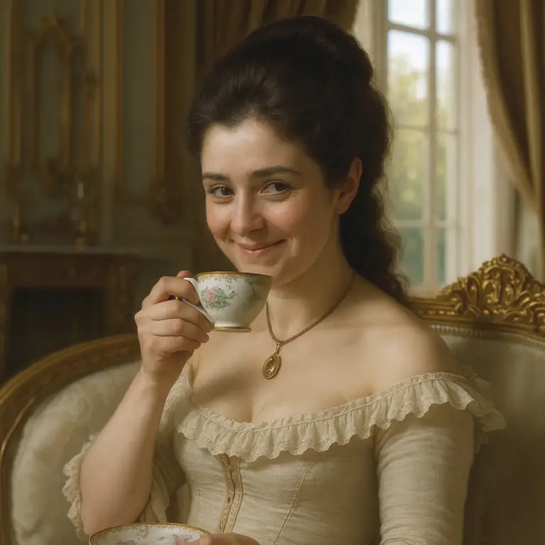 Crescencia está disfrutando del té mientras cotillea.