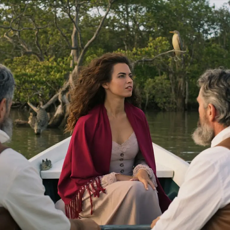 Nos subimos de nuevo al bote y navegamos por la orilla pantanosa con grandes árboles que emergen de las aguas; por el otro, densamente arbolada y con maderas valiosas. Sobre el tronco desnudo de un gran árbol, medio enterrado en el agua, se sentaba un cocodrilo de aspecto dócil, con las mandíbulas distendidas en una dulce sonrisa inconsciente, como si estuviera cazando moscas, y sin dignarse a vernos, aunque pasamos cerca.